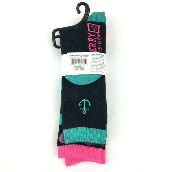 Sperry Top Sider Girls Knee High Socks 3-8.5 Black Polka Dot Anchor 2 Pairs - Picture 4 of 6